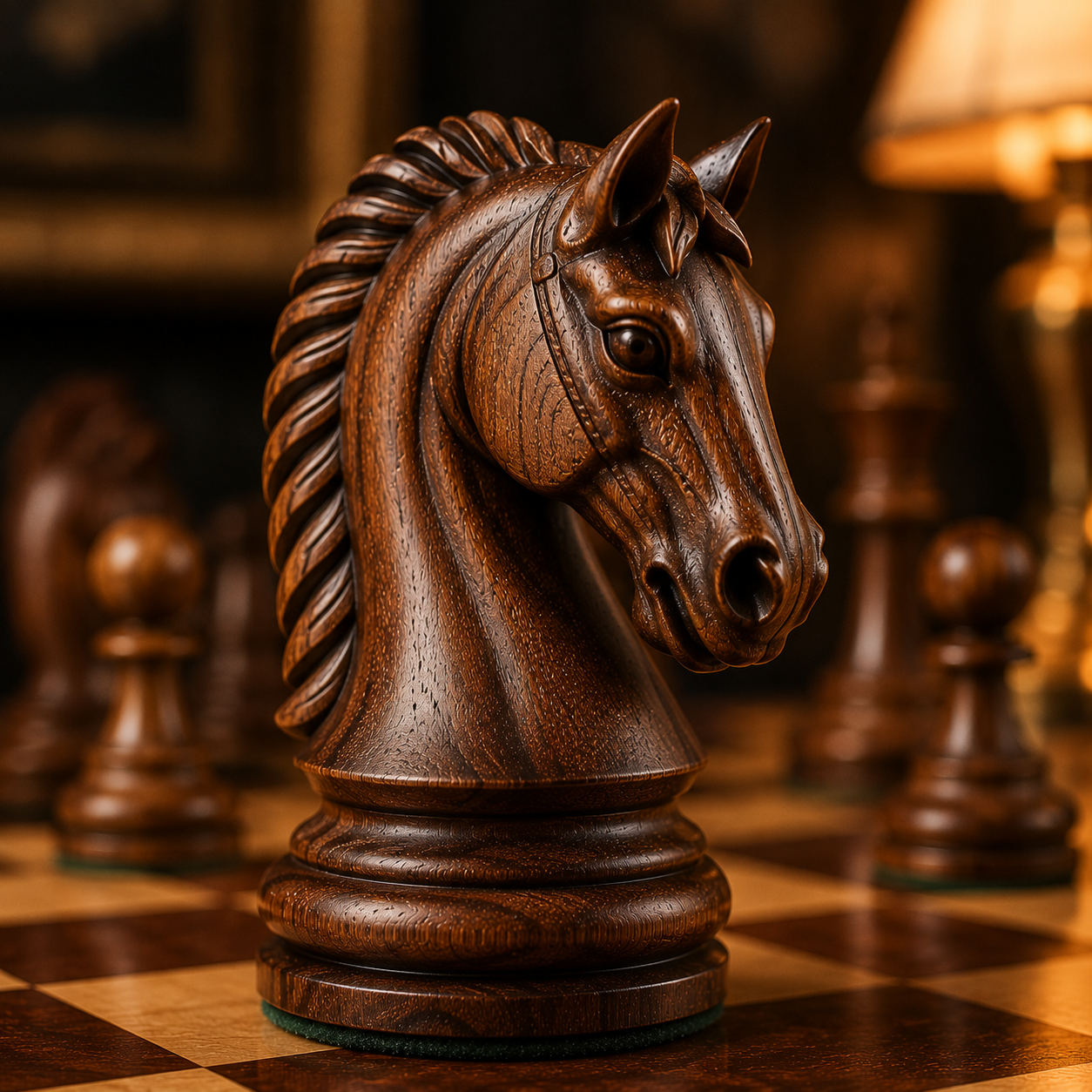 Caballo de ajedrez tallado en madera con acabado artesanal